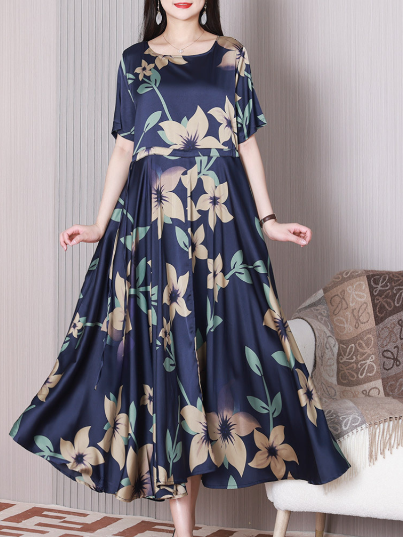 Floral Print Round Neck Short Sleeve Pleated Midi Dress 7