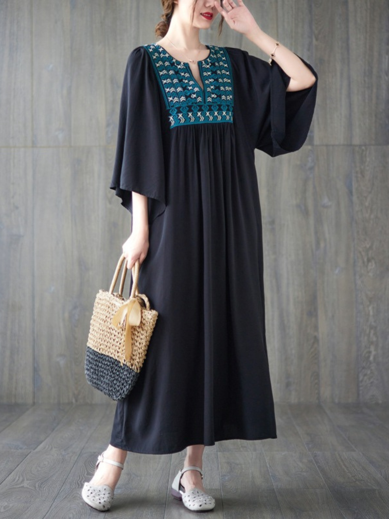 Embroidered Yoke Split-Neck Flared Sleeve Pleated Maxi Dress 12