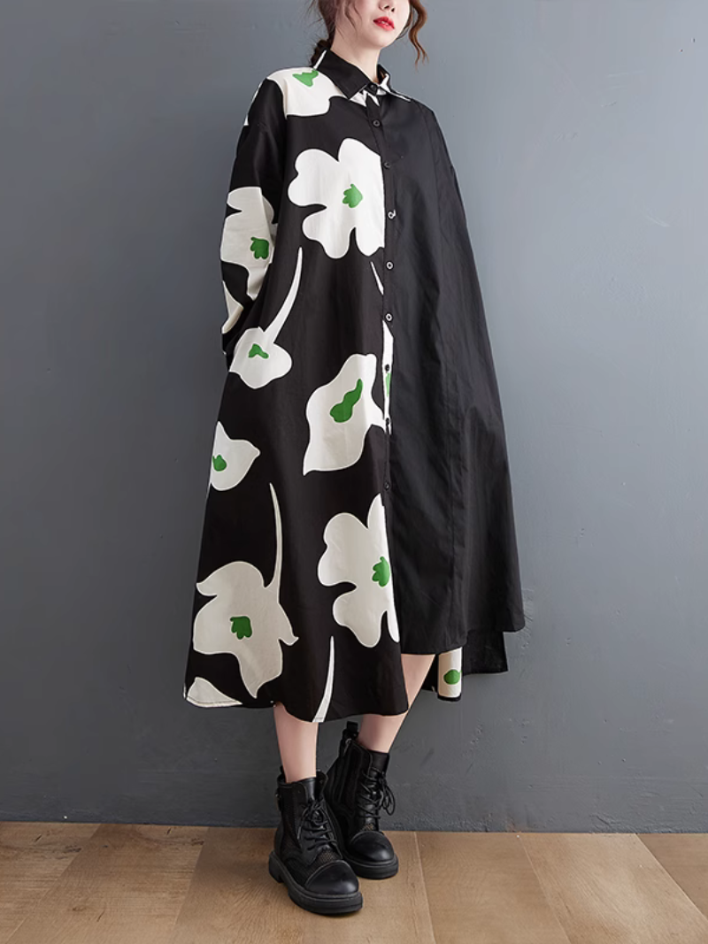 Casual Windbreaker Front Button Mid-length Shirt A-Line Dress - Fashionpara