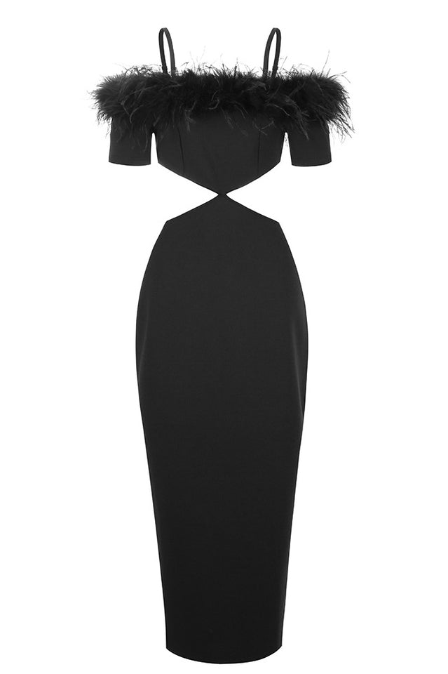 Cutout Feather Trim Spaghetti Strap Dress - Fashionpara