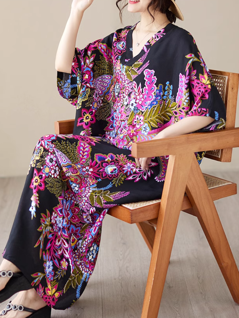 Paisley Print V-Neck Short Sleeve Kaftan Maxi Dress 3