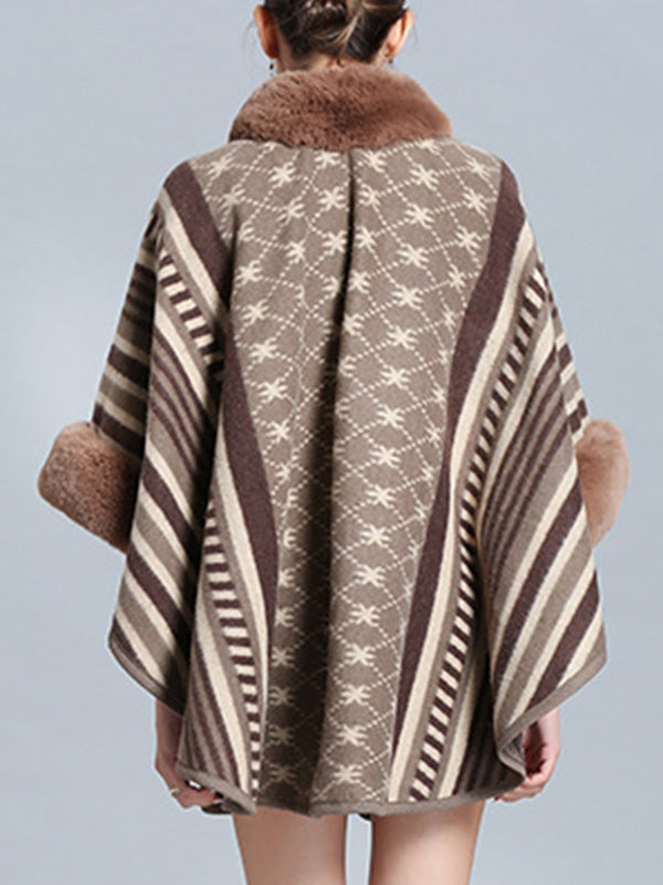 Stripe Bordeus Fluffy Neck Plus Size Cape Cardigan 15