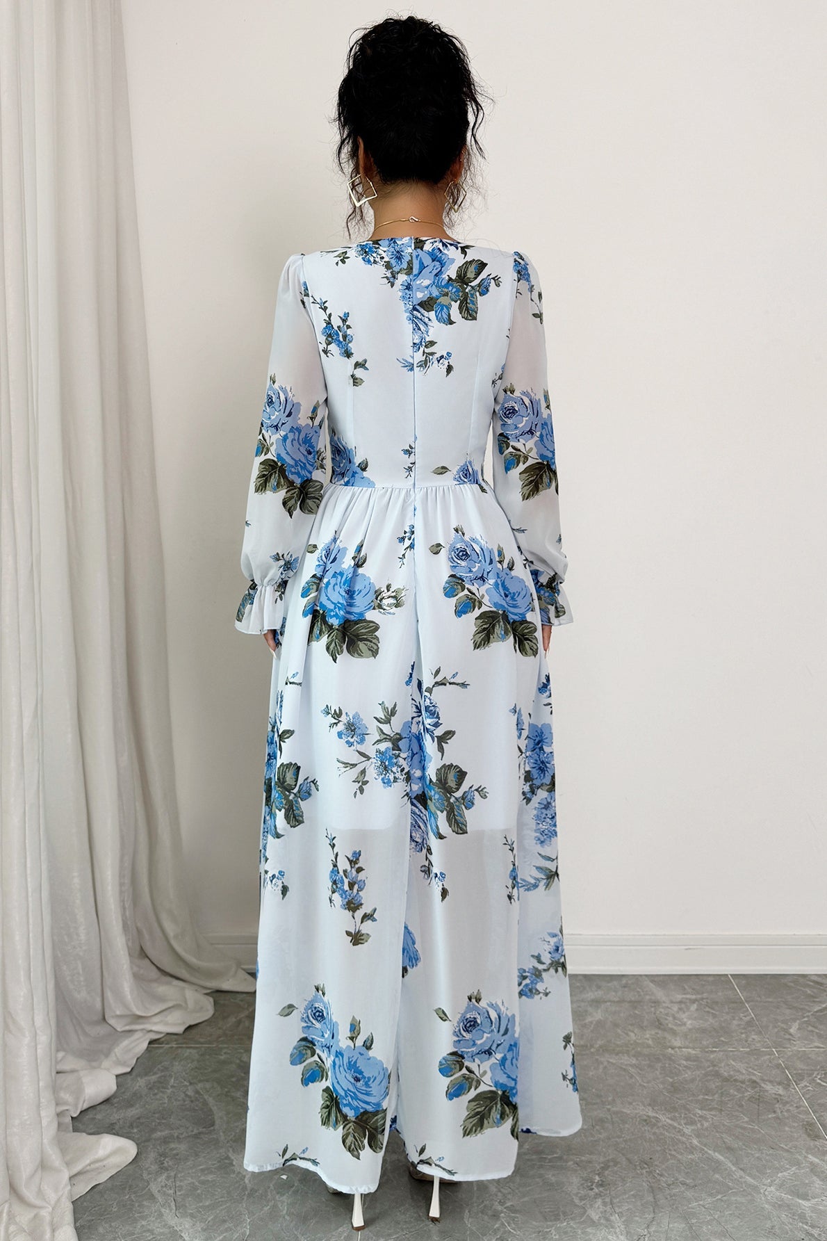 Floral Print Square Neck Puff Sleeve Corset Maxi Dress