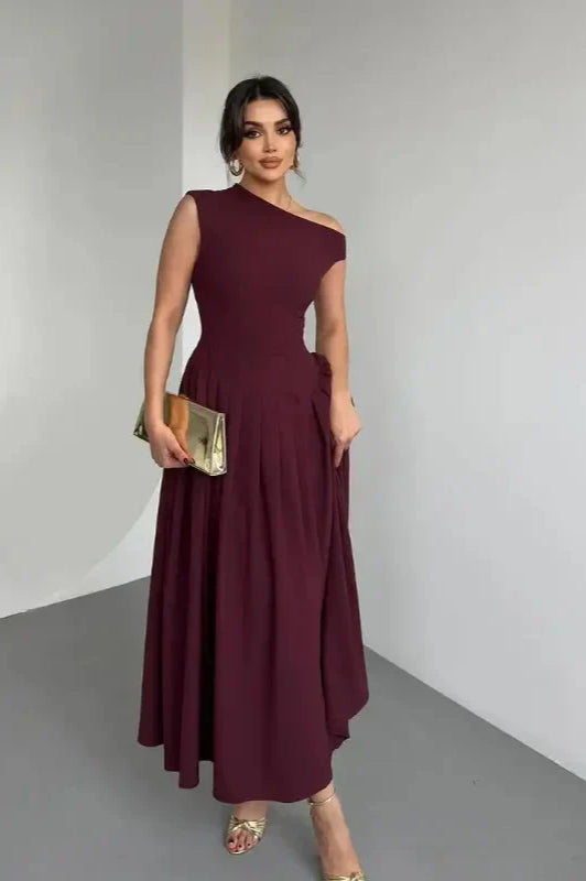 High Neck Cap Sleeve Drop Waist Pleated Maxi Dress 2