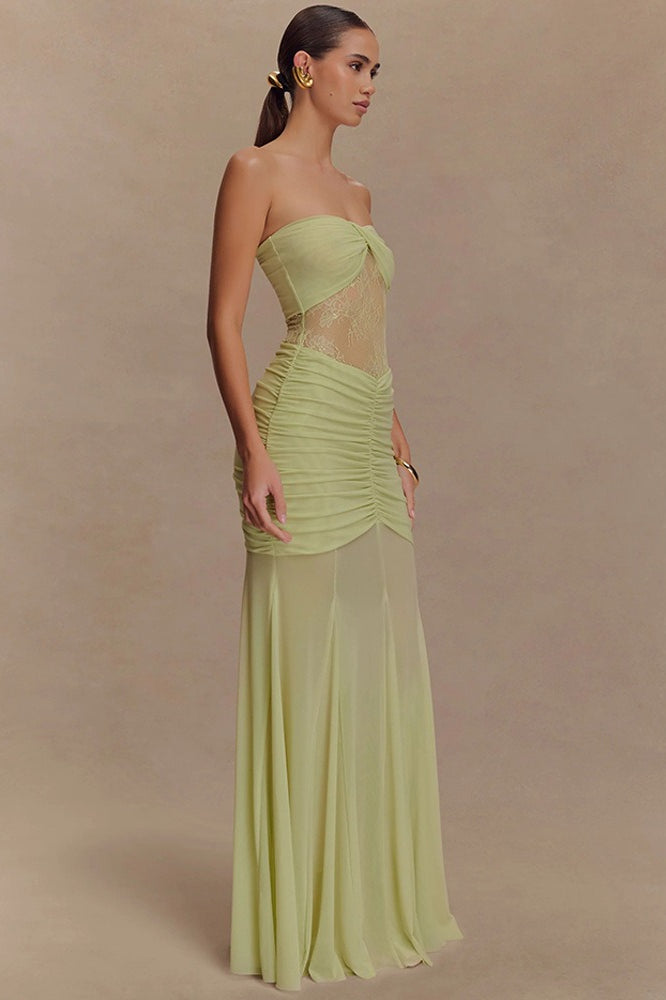 Strapless Ruched Cutout Bodycon Lace Dress