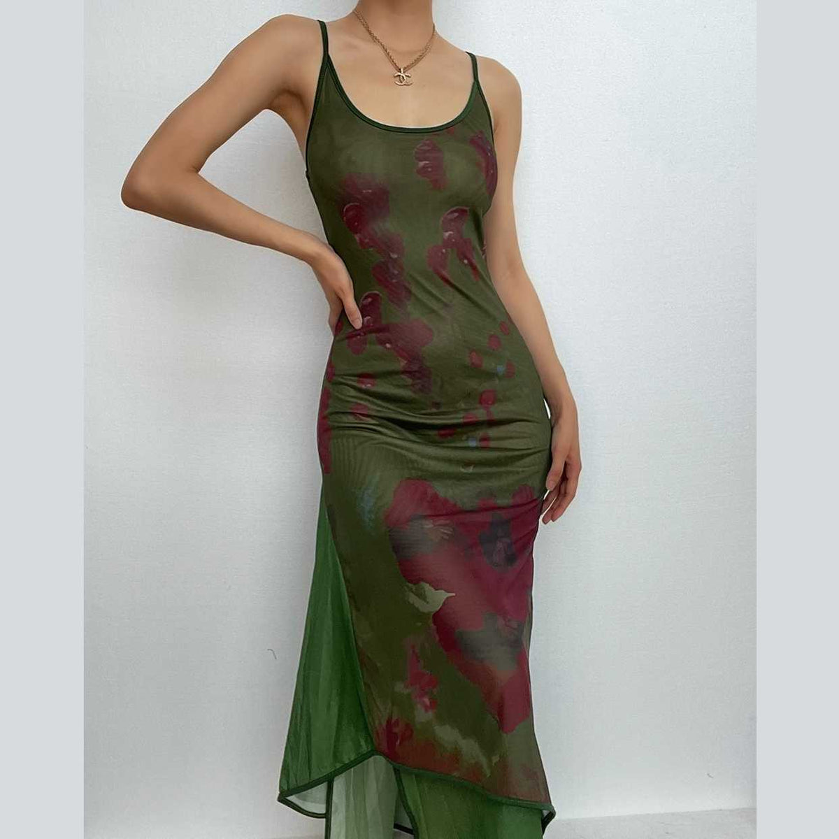 PRE ORDER - Mesh contrast patchwork u neck backless cami maxi dress