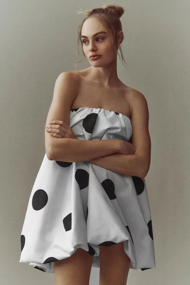 Polka Dot Print Strapless Bubble Hem Mini Dress