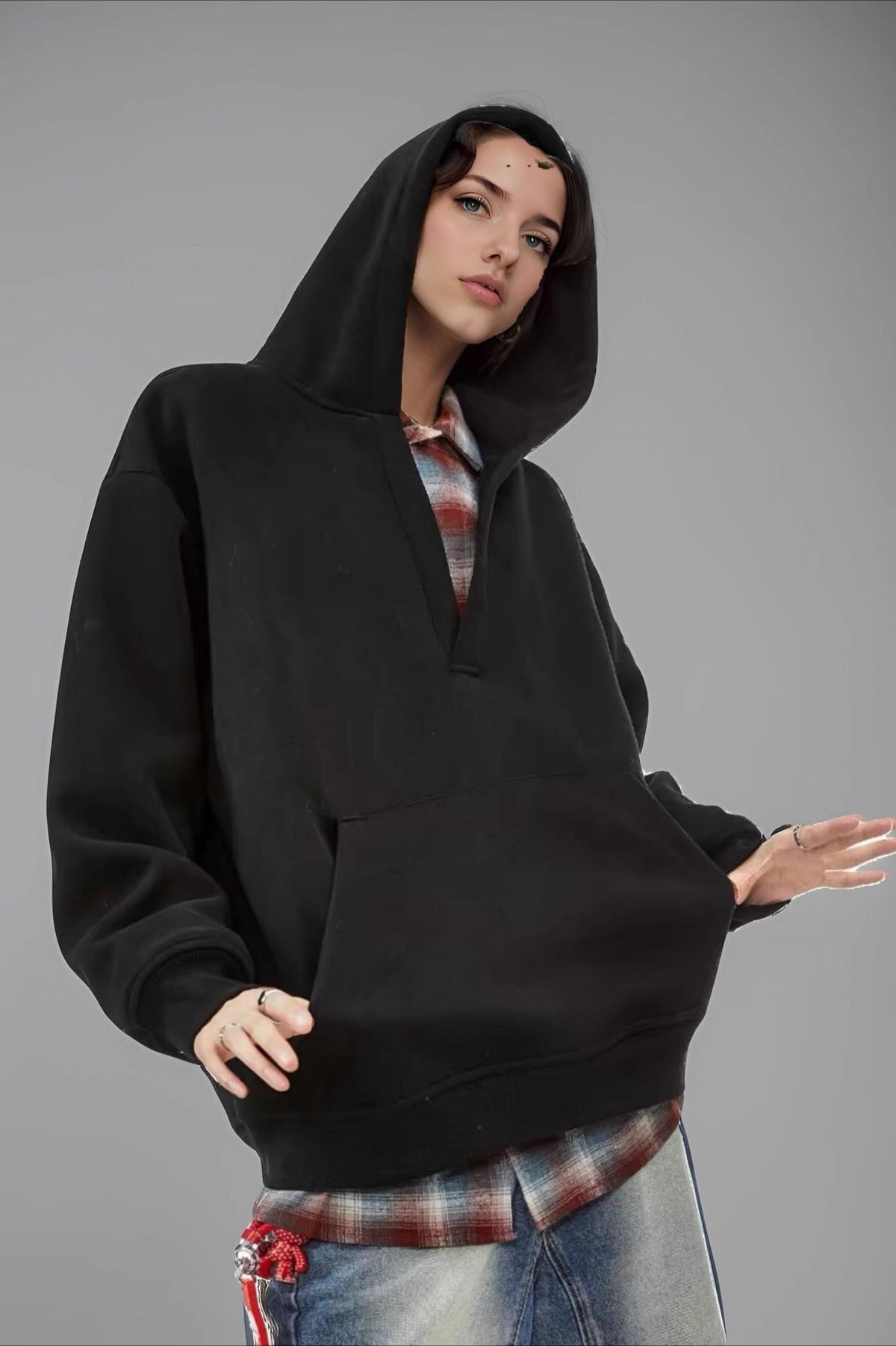 V Neck Loose Fit Pullover Hoodie