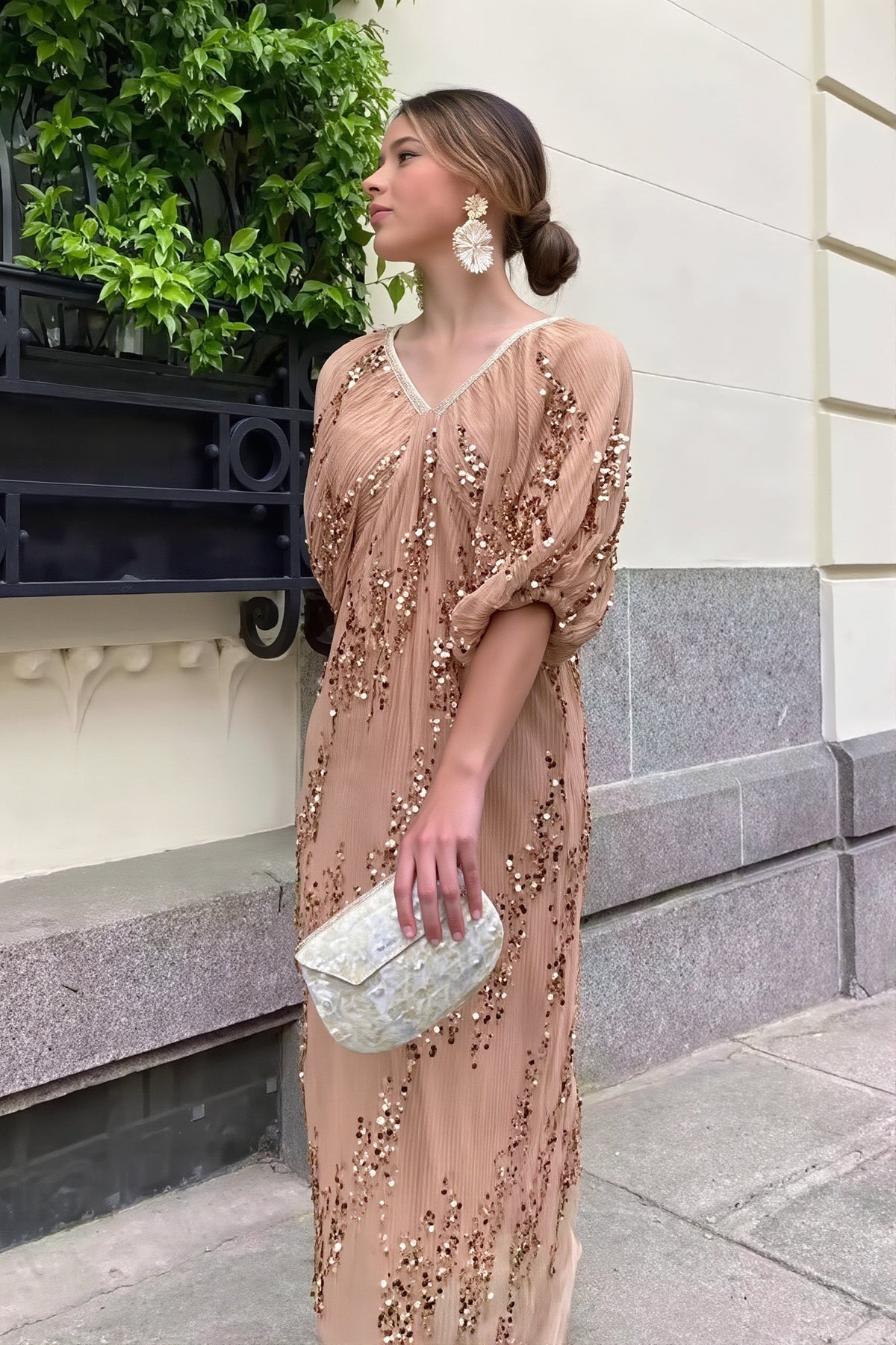 Sequin V-Neck Puff Sleeve Pleated Maxi Dress