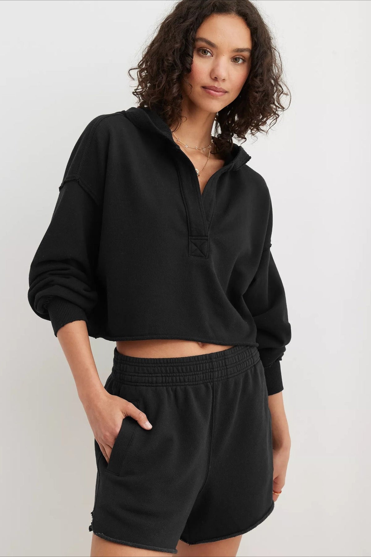 Relaxed V Neck Collared Pullover Sweatshirt