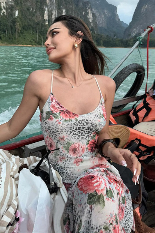 Leopard Floral Backless Maxi Dress