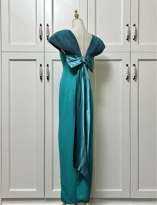 Elegant Teal Bow Fitted Satin Long Prom Dress Evening Dress P4191