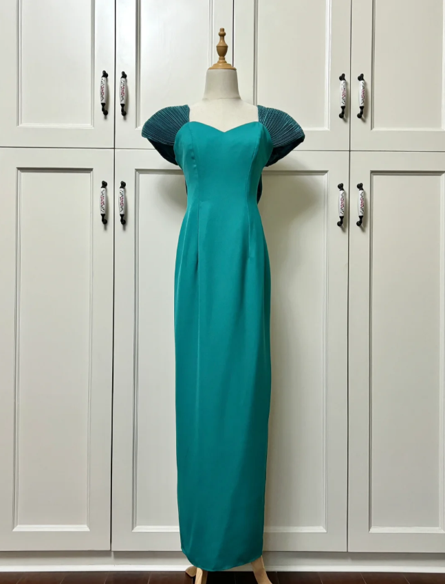 Elegant Teal Bow Fitted Satin Long Prom Dress Evening Dress P4191