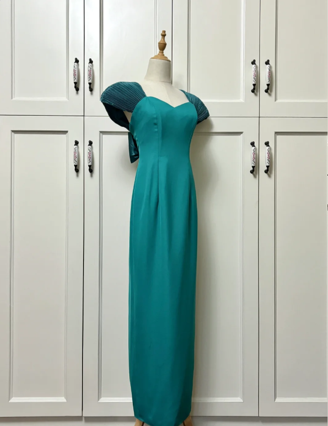 Elegant Teal Bow Fitted Satin Long Prom Dress Evening Dress P4191