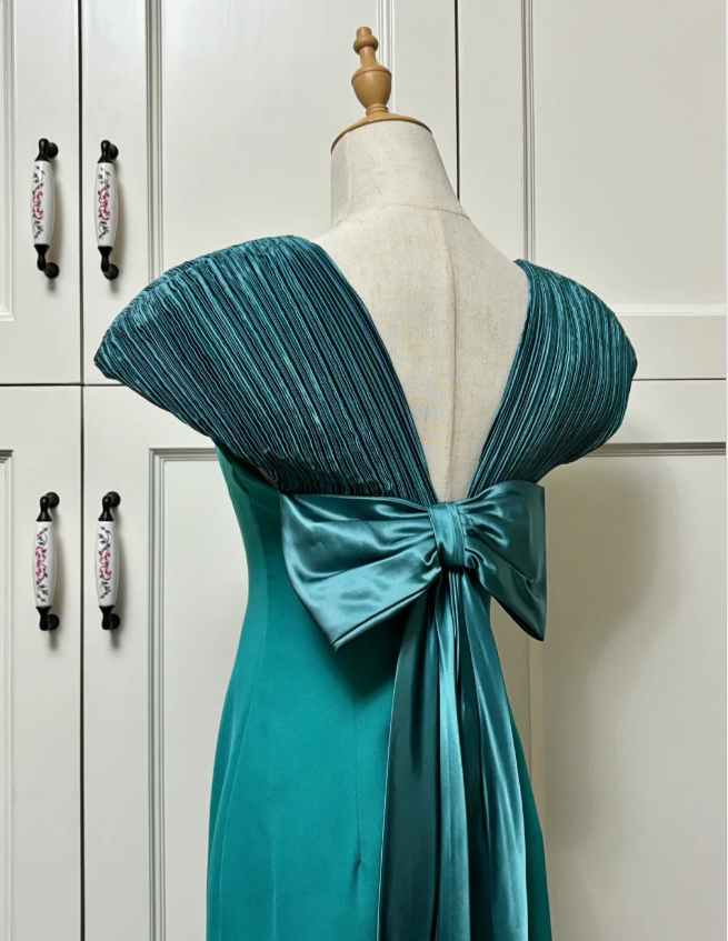 Elegant Teal Bow Fitted Satin Long Prom Dress Evening Dress P4191