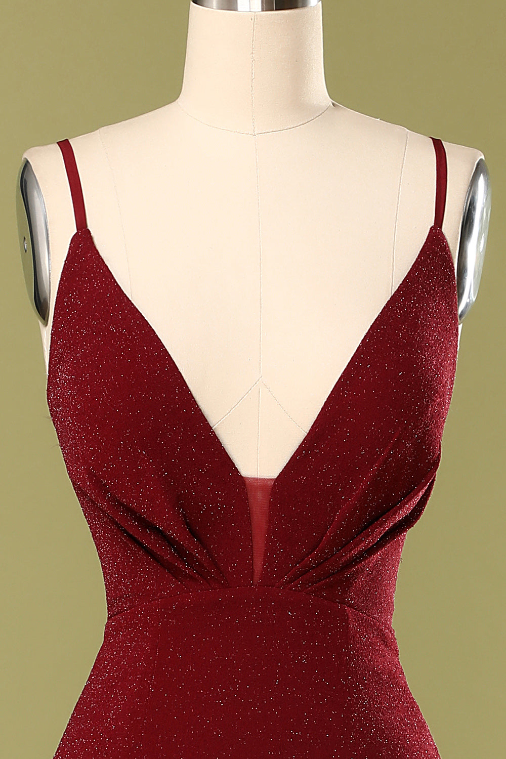 Burgundy V-neck Evening Dress - Fashionpara