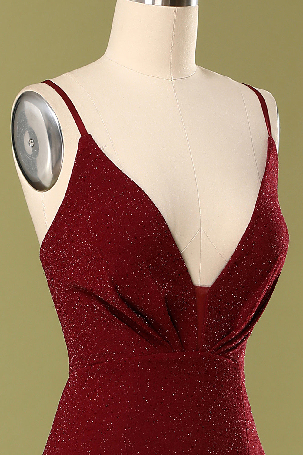 Burgundy V-neck Evening Dress - Fashionpara