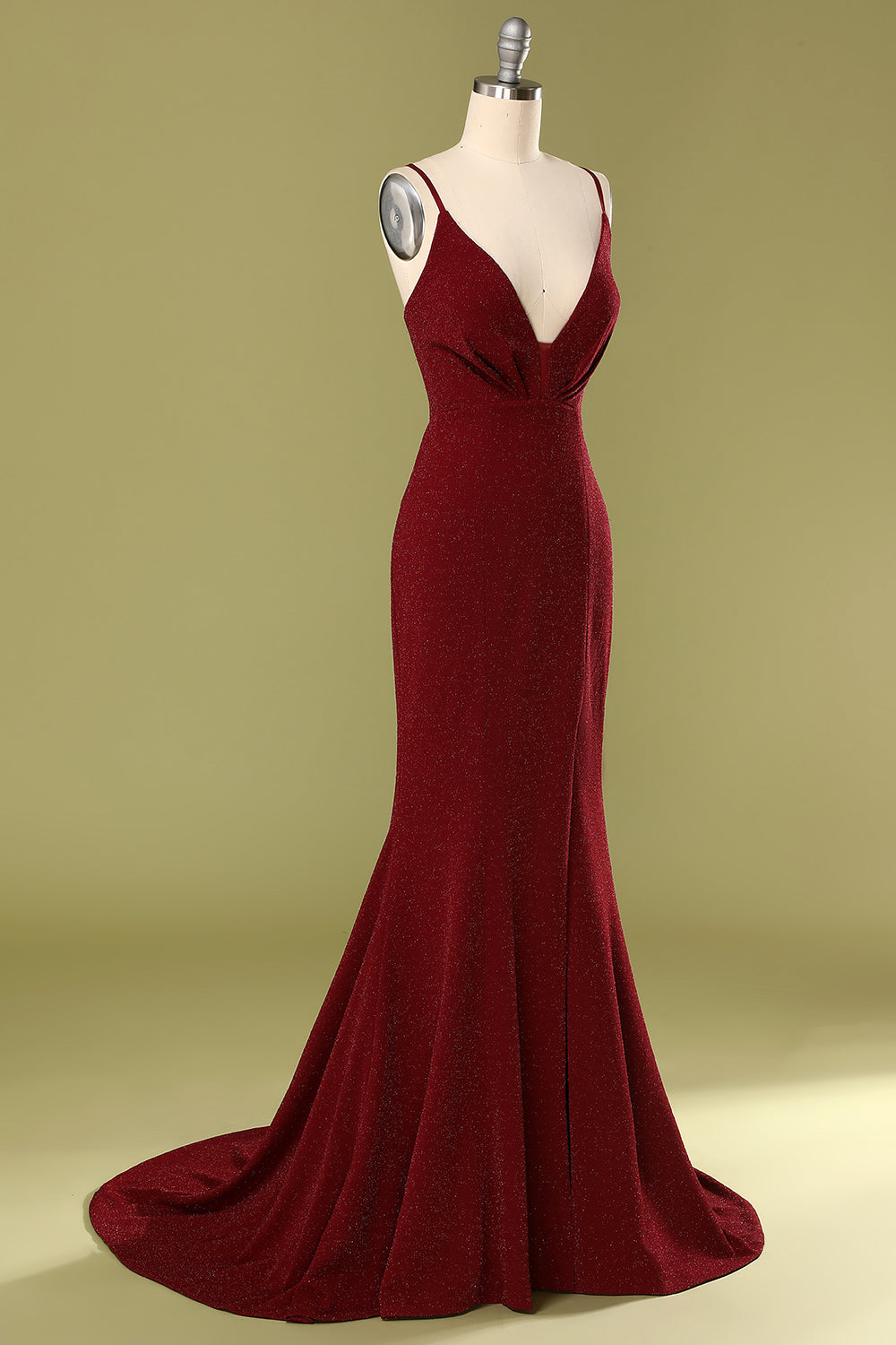 Burgundy V-neck Evening Dress - Fashionpara