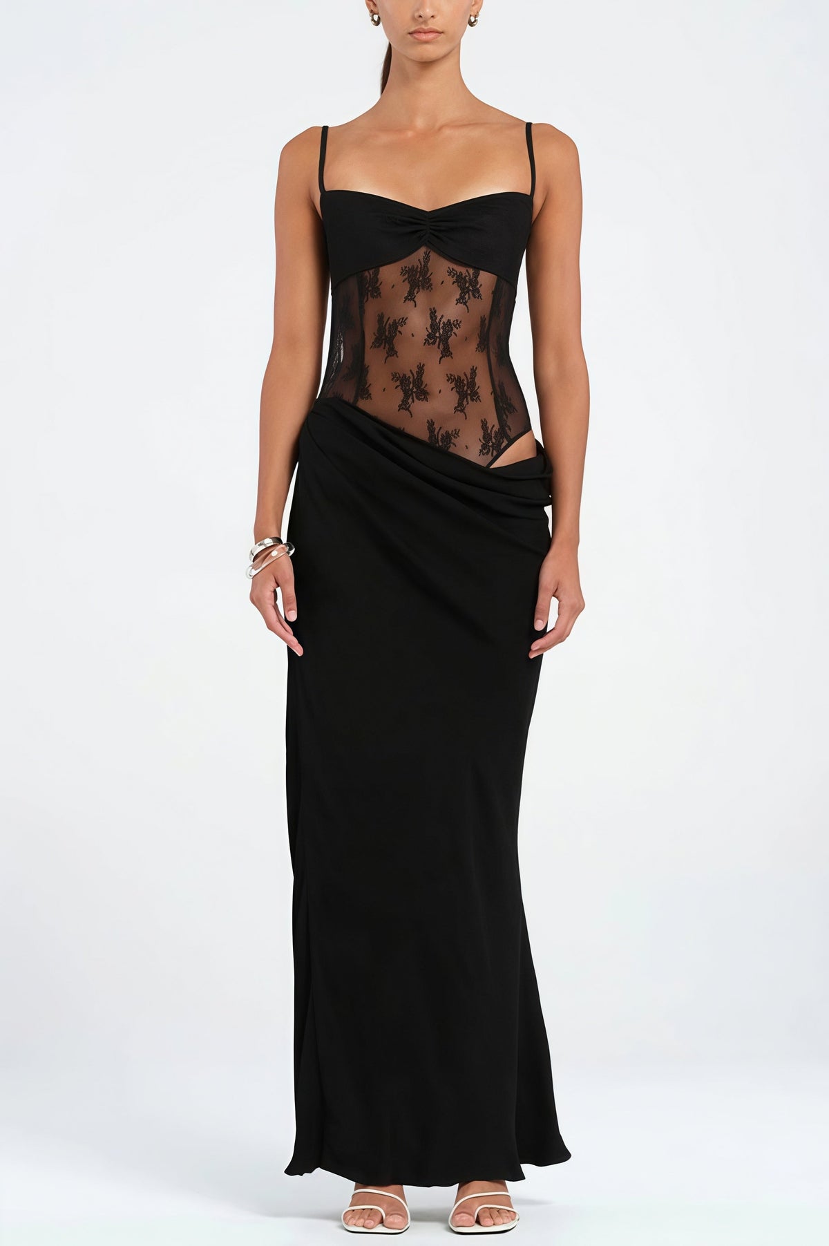 Lace Corset Sheer Bodice Draped Satin Maxi Dress