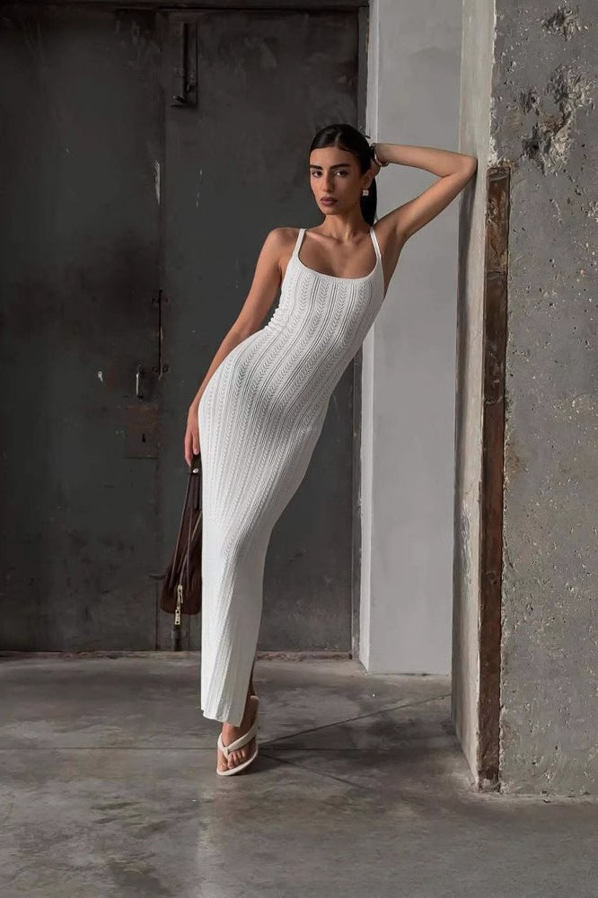 Pointelle Knit Square Neck Sleeveless Bodycon Maxi Dress