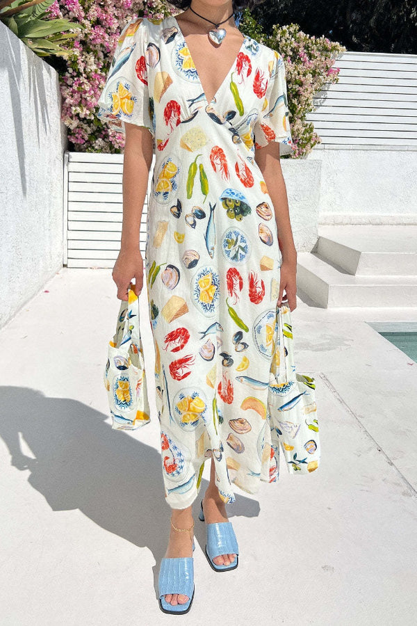 Linen V-neck sexy loose fairy all-match leisure Midi Dress - Fashionpara