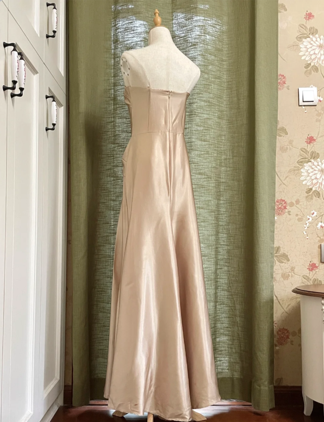 Elegant Champagne A-line Strapless Twisted Satin Long Prom Dress Evening Dress Bridesmaid Dress P4192