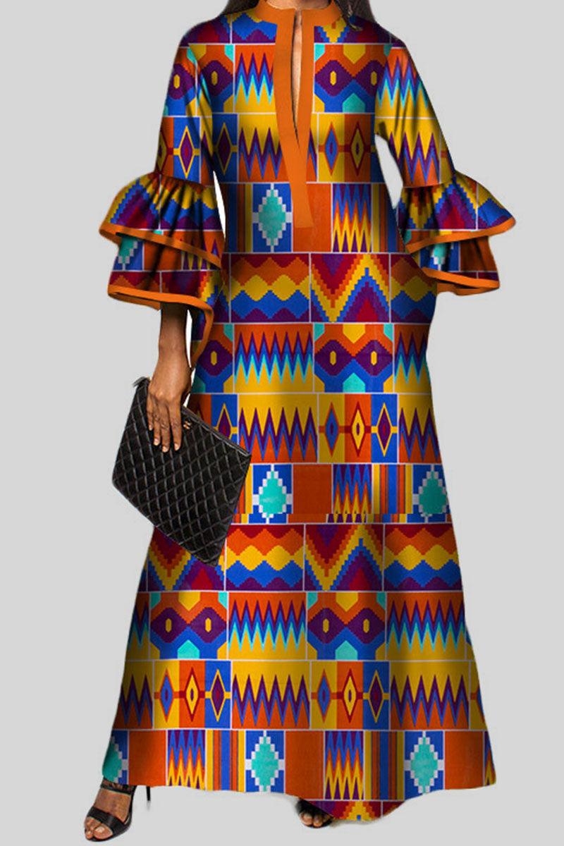 Vintage Print Patchwork V Neck A Line Dresses Fashionpara