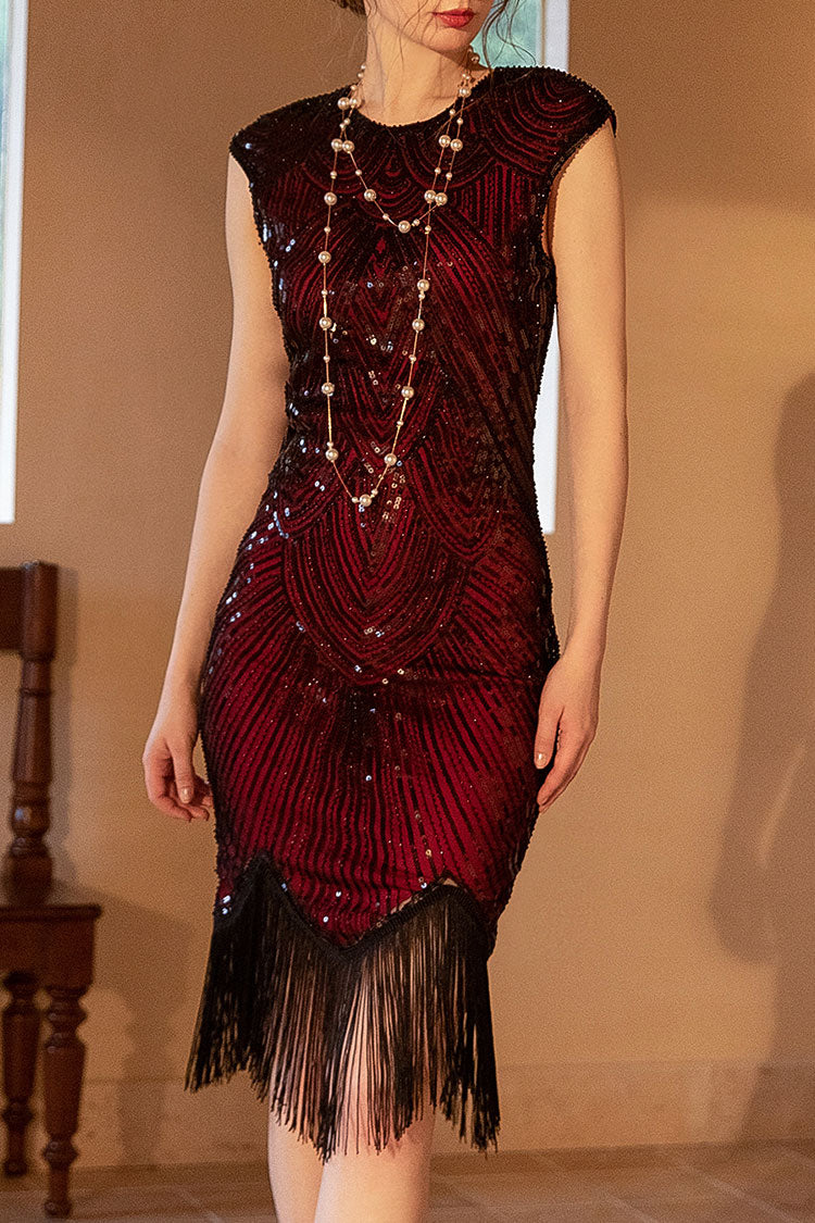 1920s Gatsby Round Neck Fitted Sequin Fringe Flapper Midi Dress - Red Fashionpara