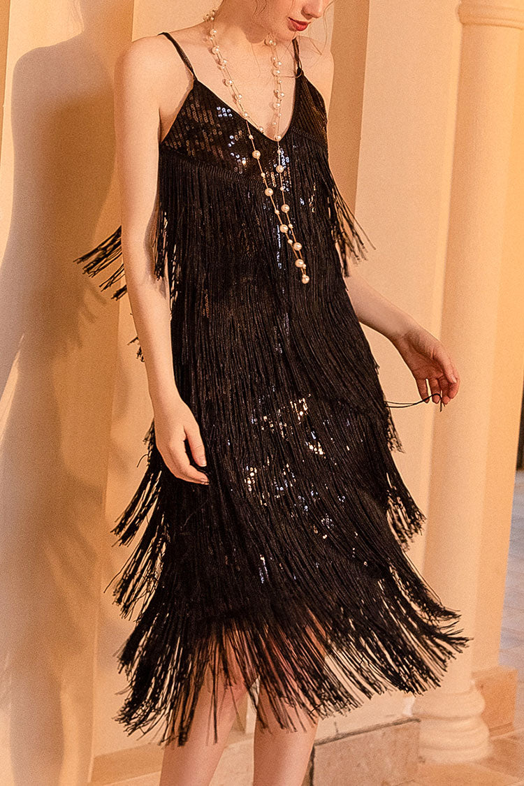 1920s Gatsby V Neck Sequined Layered Fringe Flapper Midi Dress - Black Fashionpara