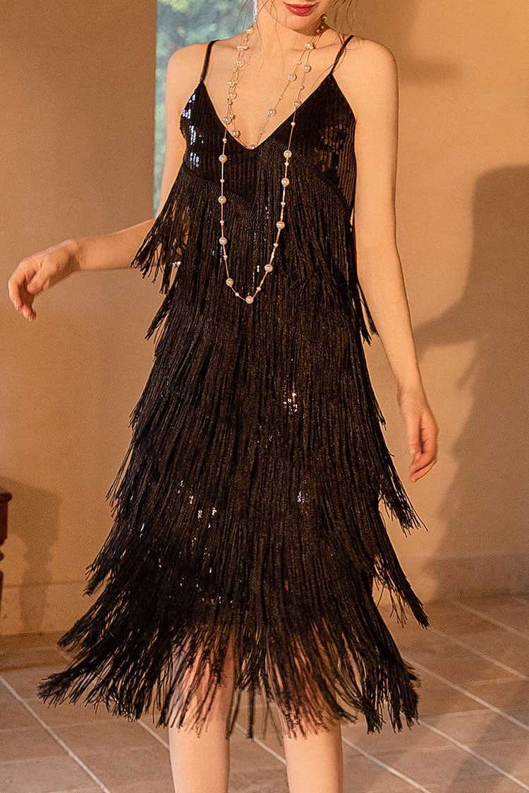 1920s Gatsby V Neck Sequined Layered Fringe Flapper Midi Dress - Black Fashionpara