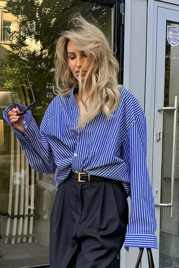 Blue White Stripe Button Blouse
