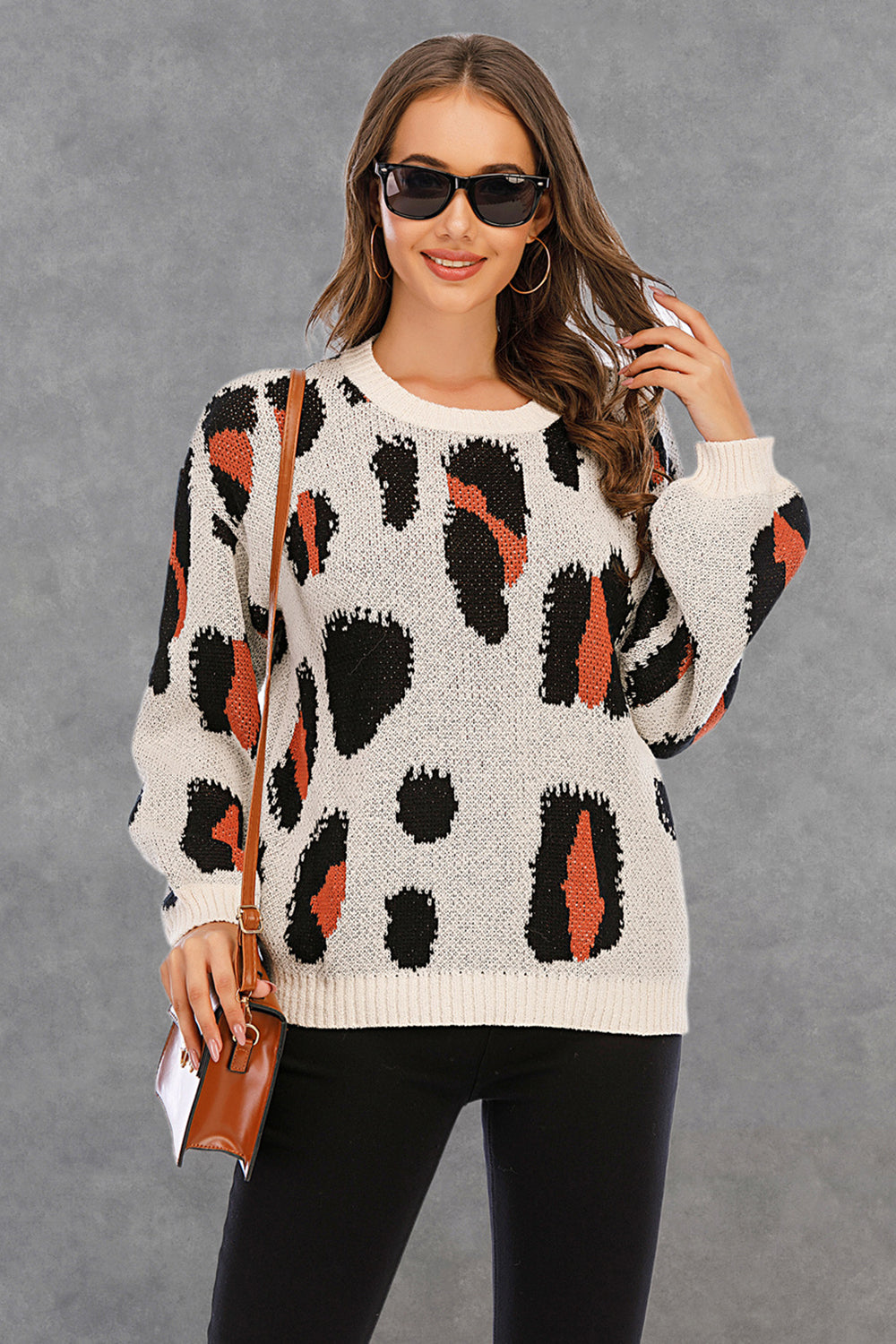 RadyRin Leopard Print Round Neck Pullover Sweater