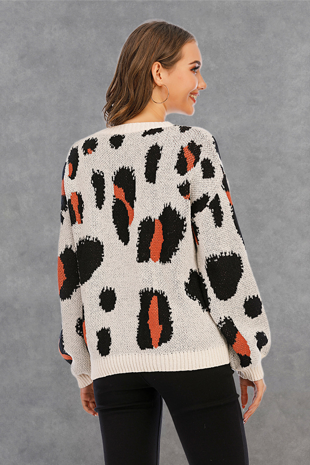 RadyRin Leopard Print Round Neck Pullover Sweater