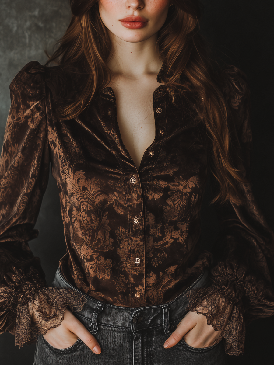 Vintage Printed Lace Cuffs Poly Velvet Blouse - Fashionpara