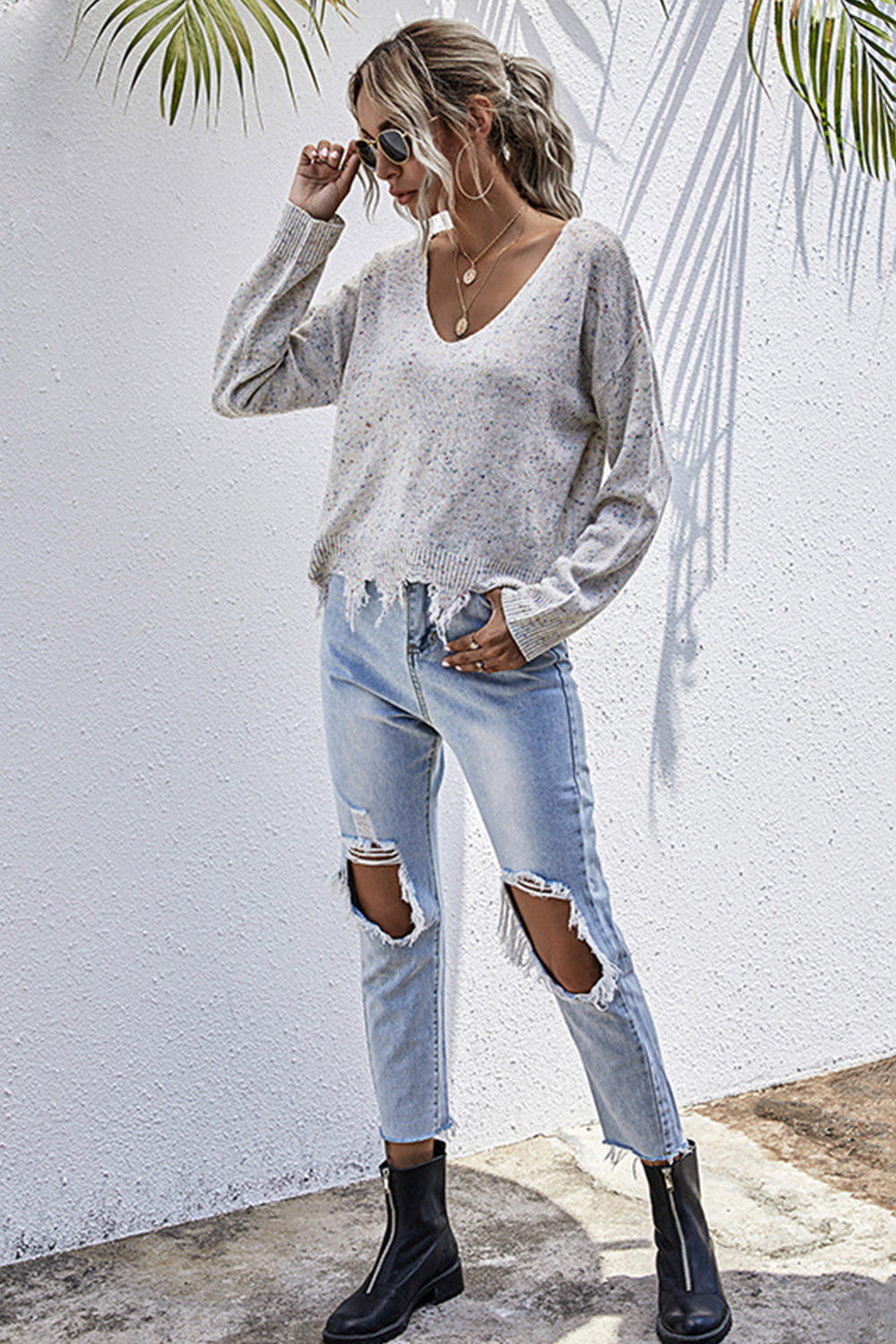 RadyRin Distressed Loose Knit Long-Sleeved Sweater
