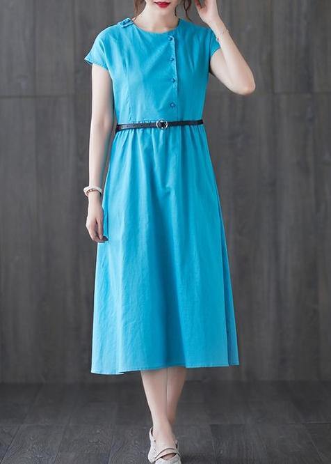 Round Neck Cap Sleeve Asymmetric Button Belted A-Line Midi Dress - View 3