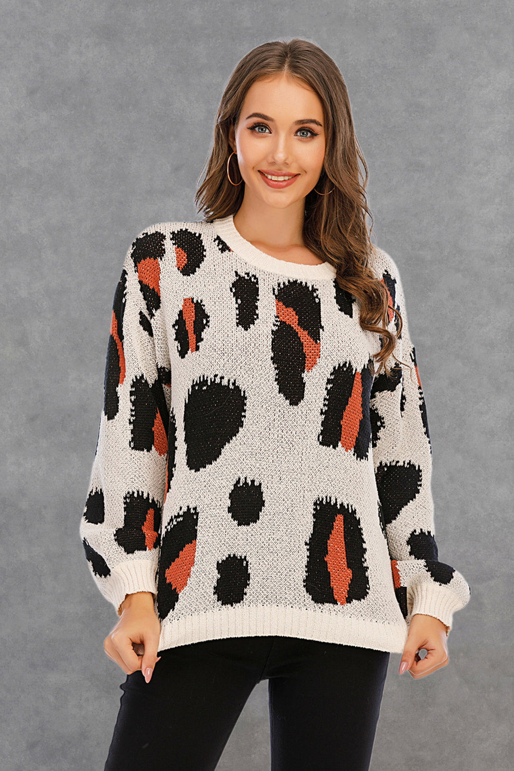 RadyRin Leopard Print Round Neck Pullover Sweater