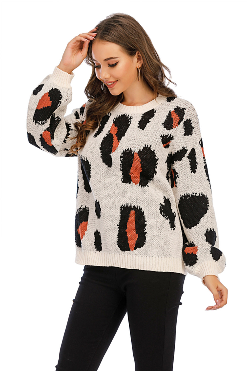 RadyRin Leopard Print Round Neck Pullover Sweater