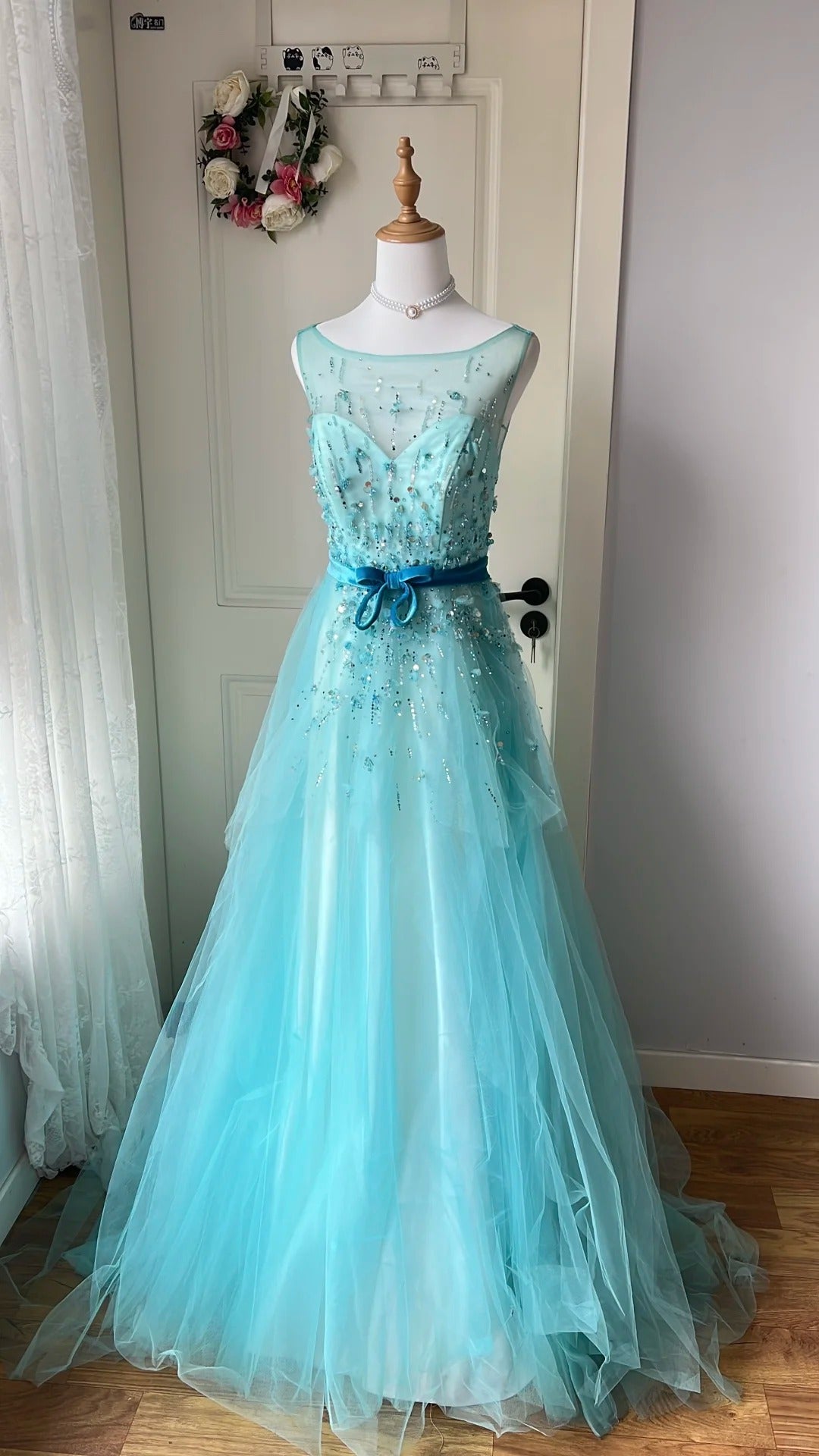 Dreamy Princess Blue A-line Round Neck Sequined Tulle Long Prom Dress Evening Dress P4195