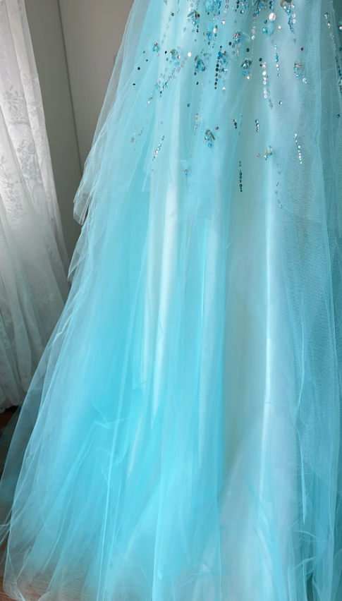 Dreamy Princess Blue A-line Round Neck Sequined Tulle Long Prom Dress Evening Dress P4195