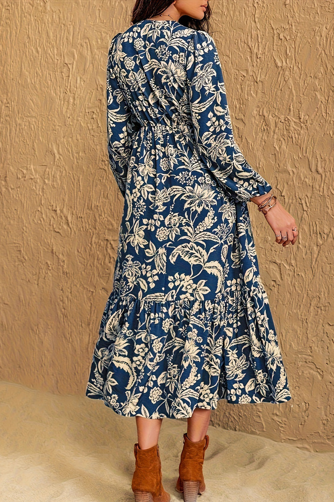 Floral Lace Trim Long Sleeve Tiered Maxi Dress