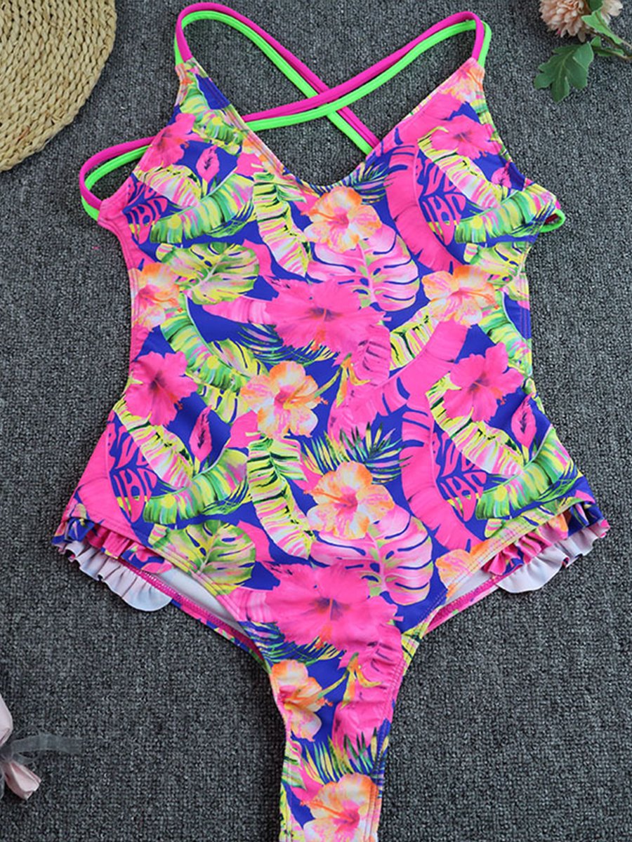 One Piece Swimsuit With Lace Printing Ribbon - Fashionpara