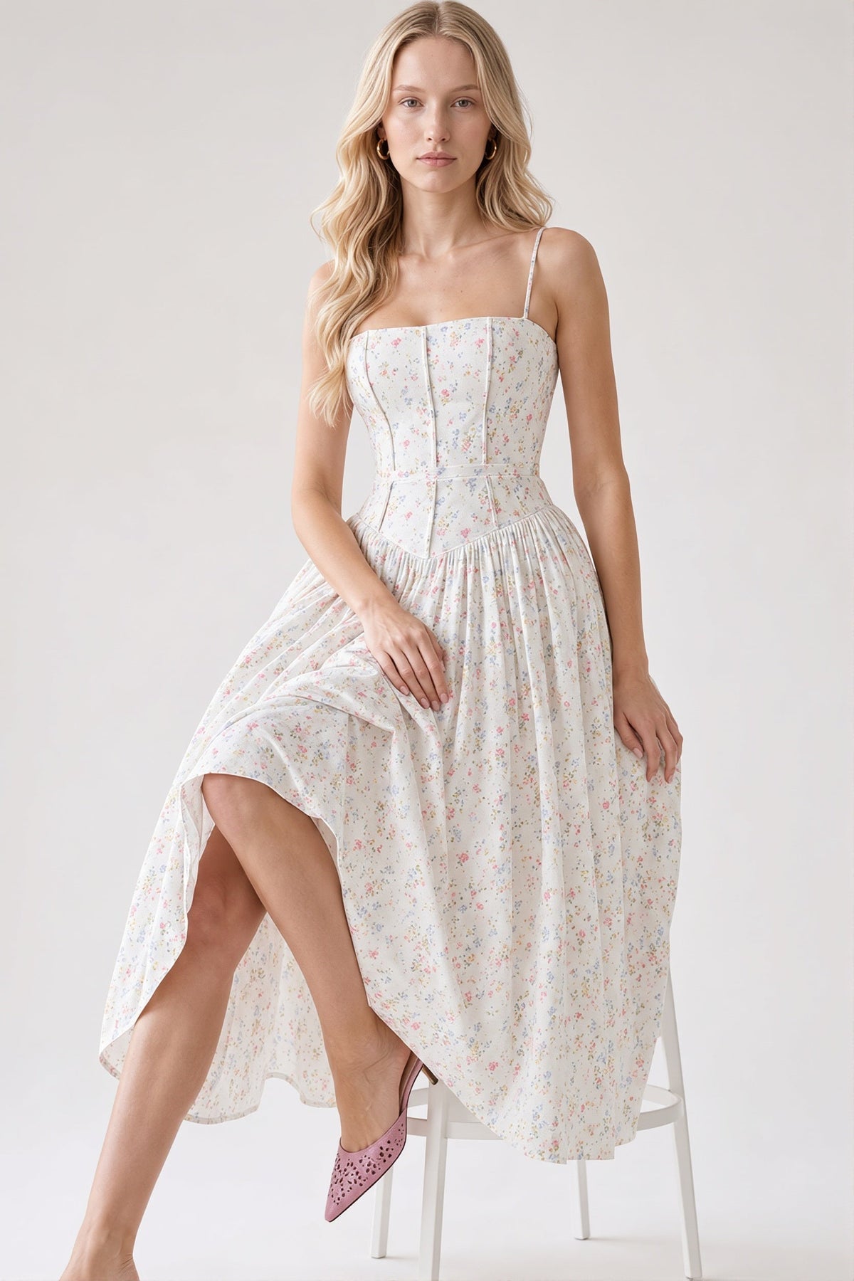 Floral Square Neck Corset Drop Waist Midi Dress