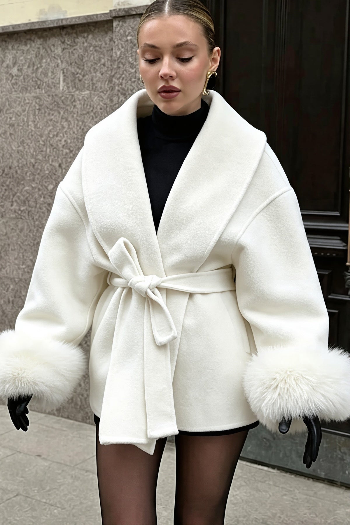 Fur Cuff Belted Wrap Coat