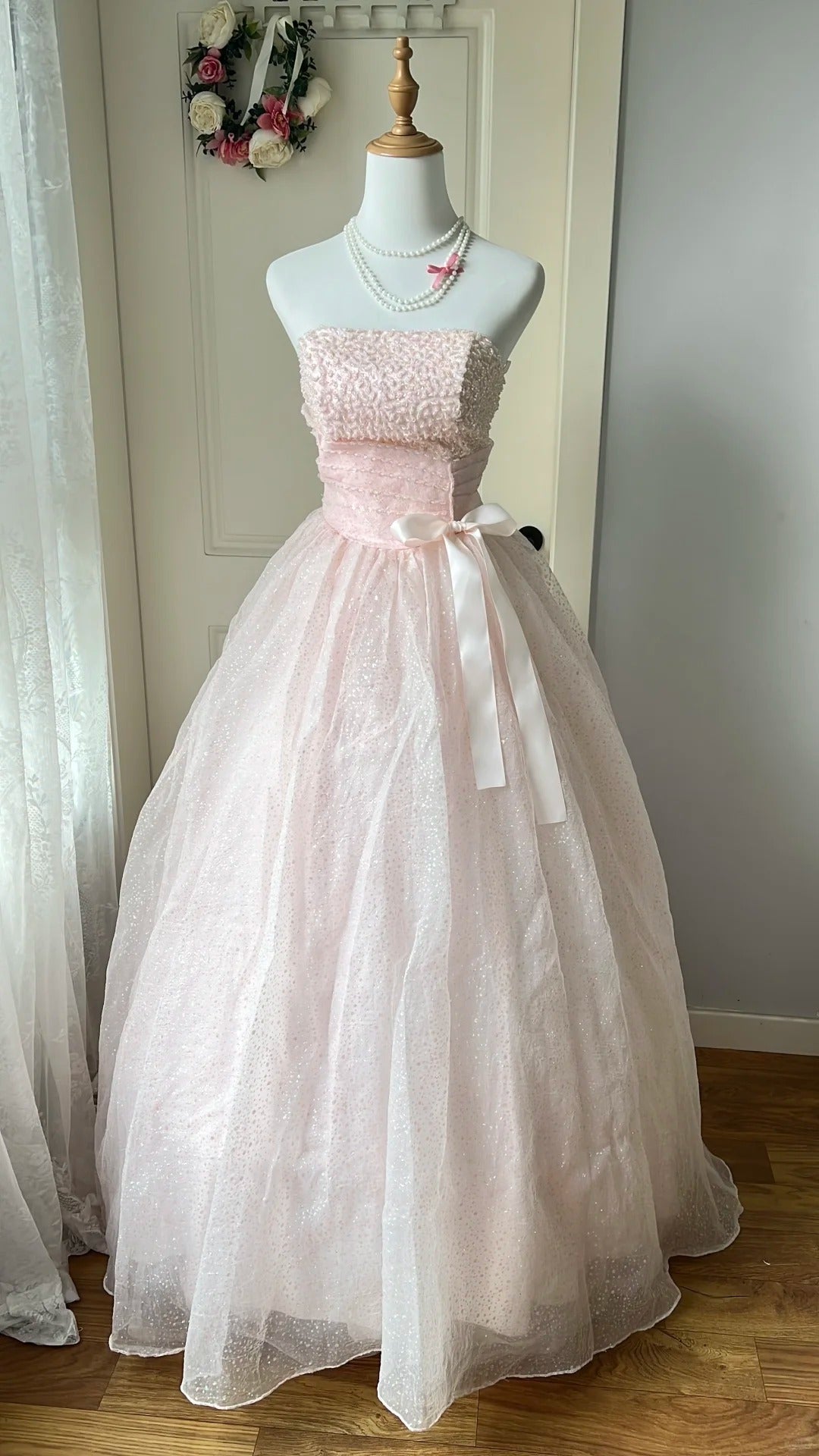 Princess Pink Strapless Bow Sequined Tulle Ball Gown Evening Dress Sweet 16 Dress P4198