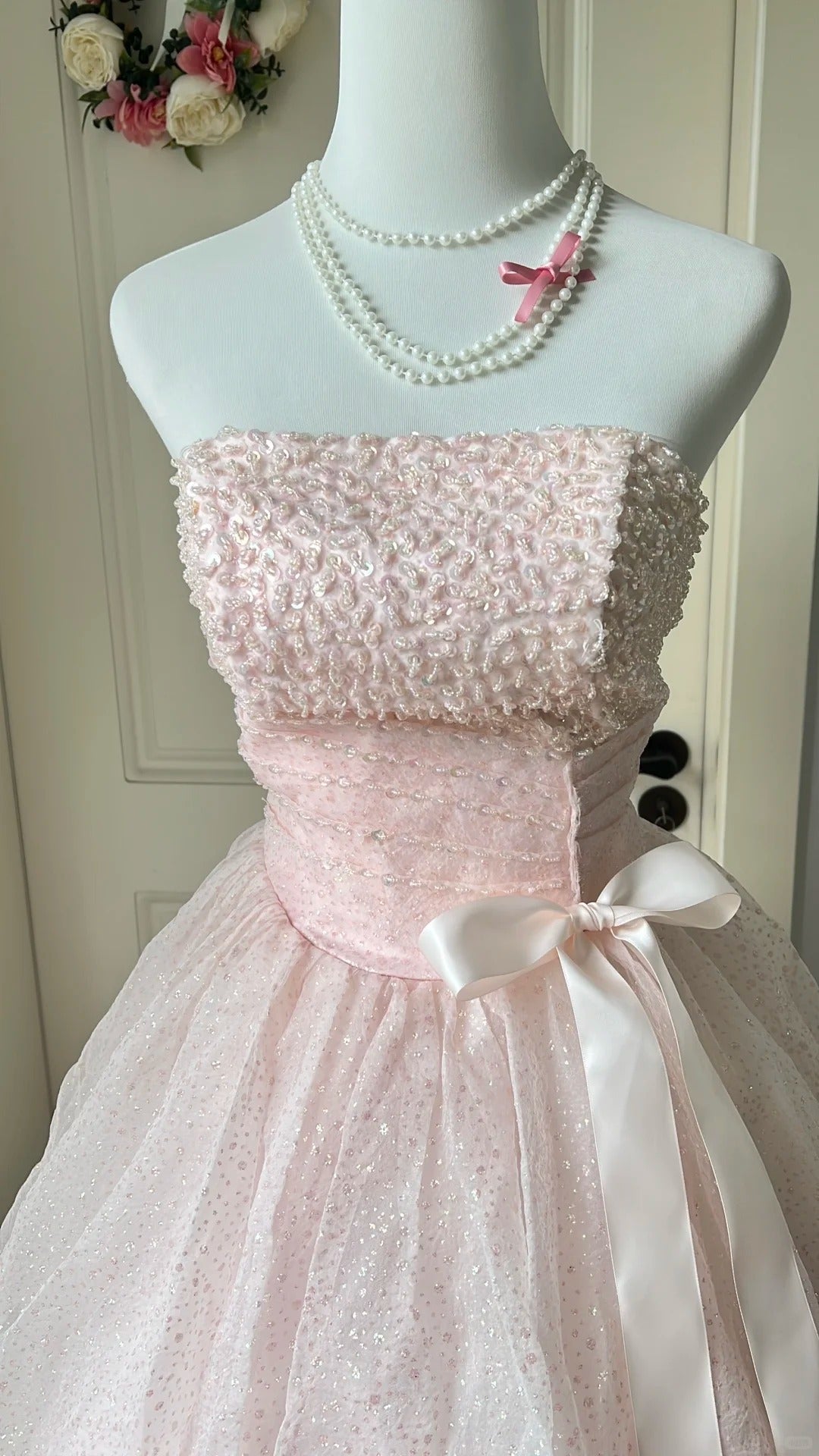 Princess Pink Strapless Bow Sequined Tulle Ball Gown Evening Dress Sweet 16 Dress P4198