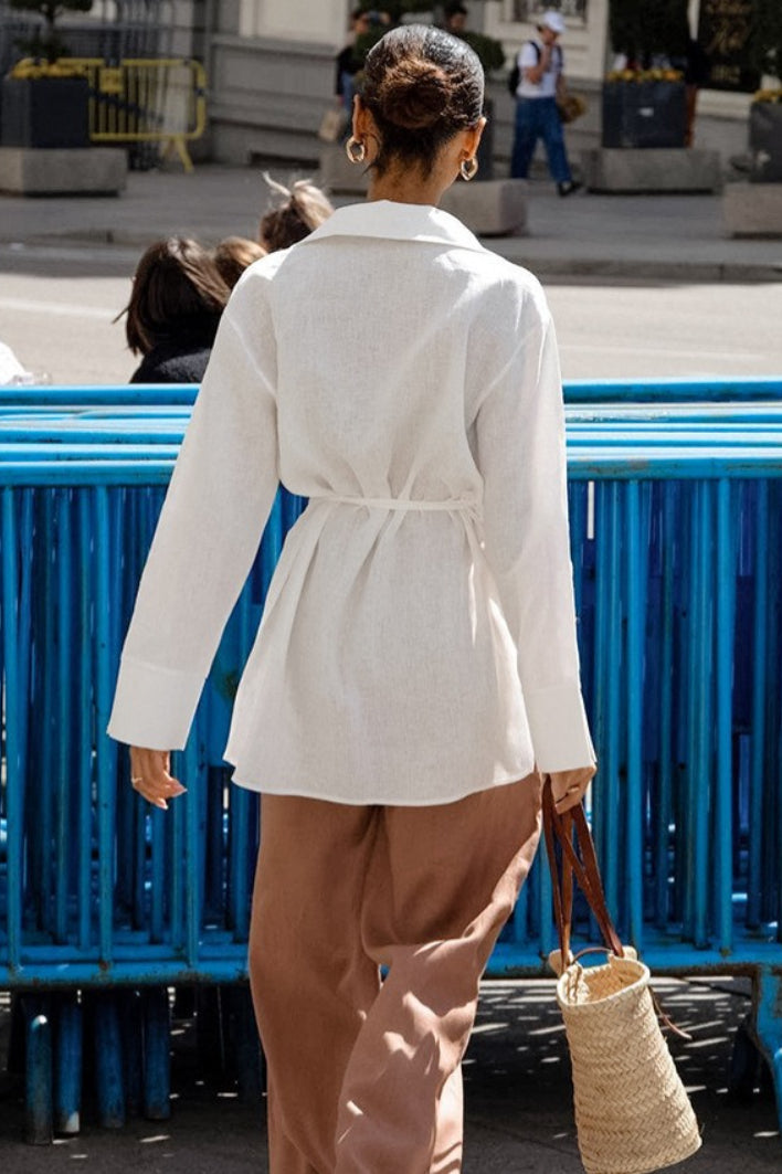 Cotton Linen Tie Long Sleeve Blouse - Fashionpara