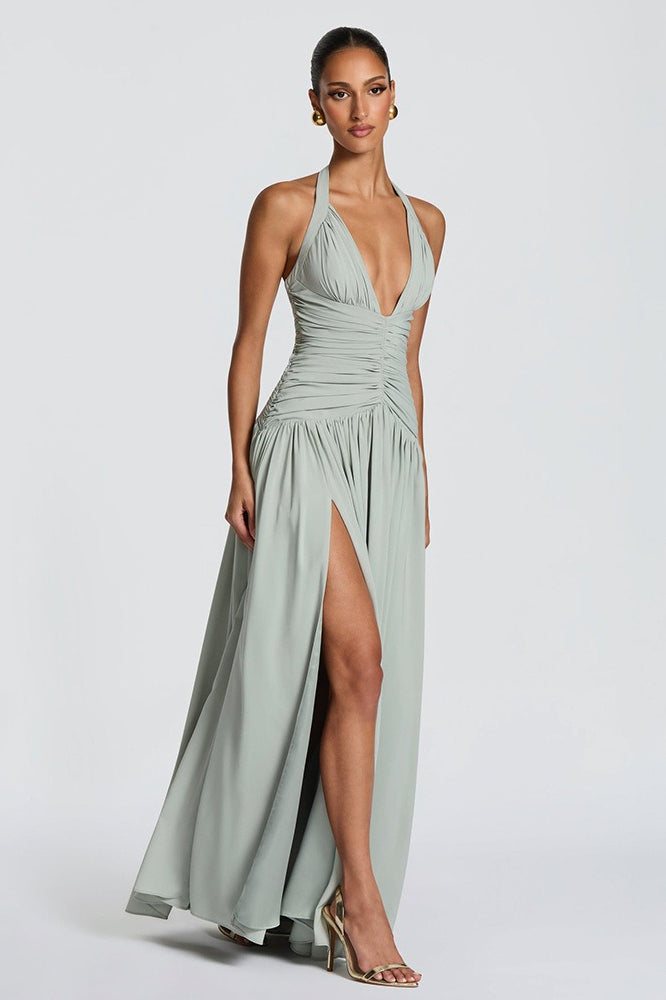 Halter Deep V-Neck Ruched High-Slit Maxi Dress