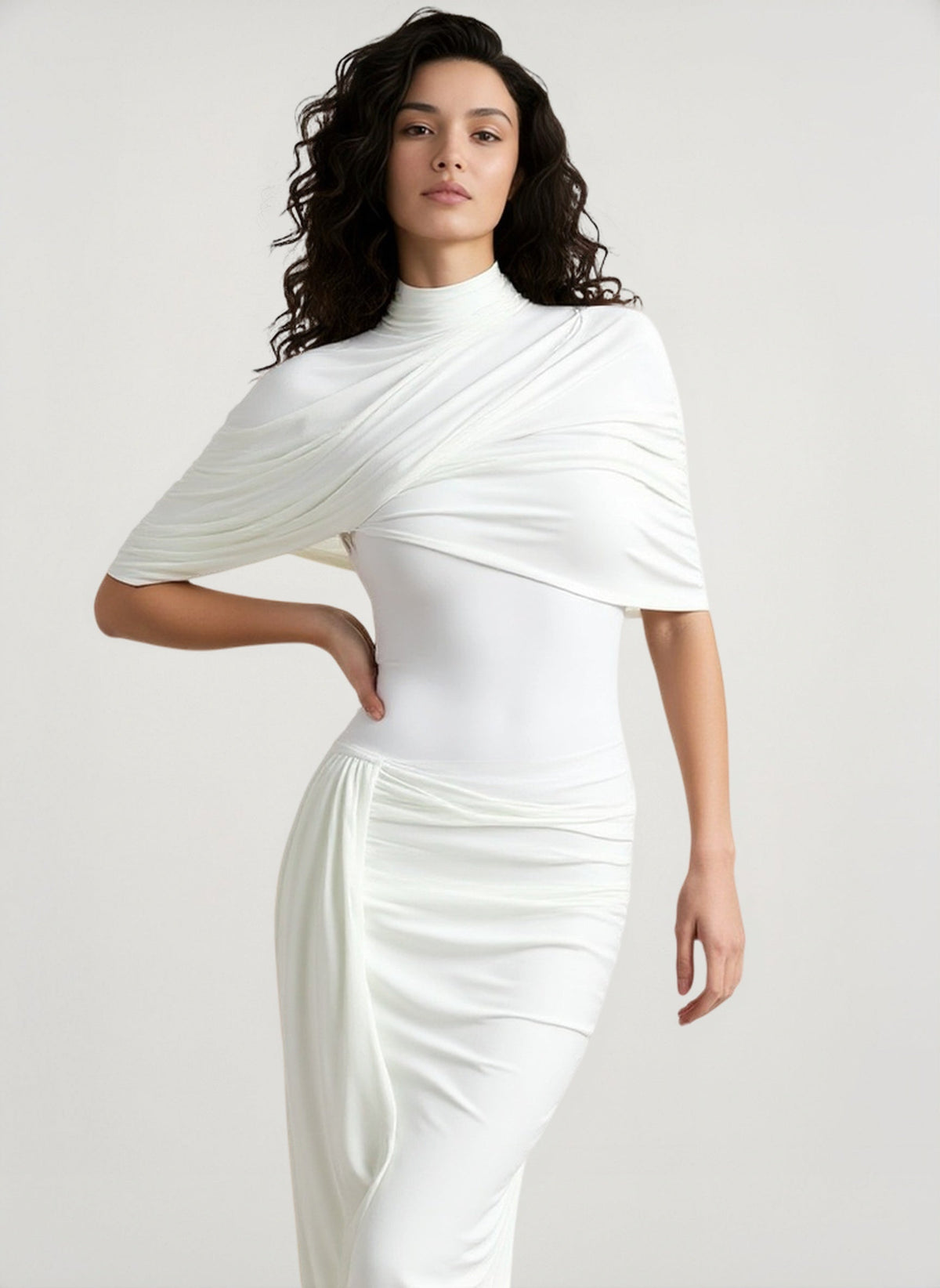 High-Neck Draped Cape Ruched Asymmetric Bodycon Midi Dress