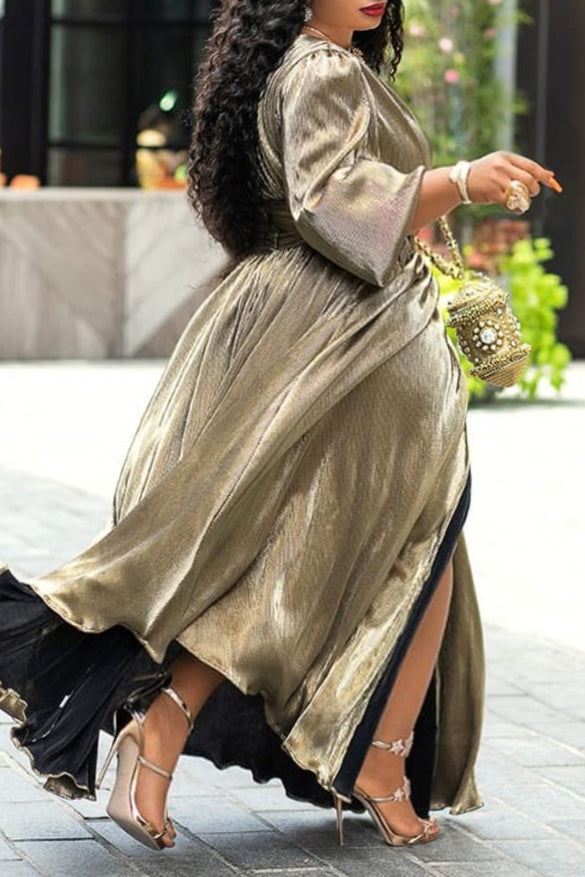 Plus Size Plain Dresses Long Sleeve High Waist Maxi Dress Fashionpara